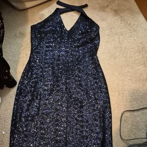 Elegant Navy Blue Sequin Halter Dress